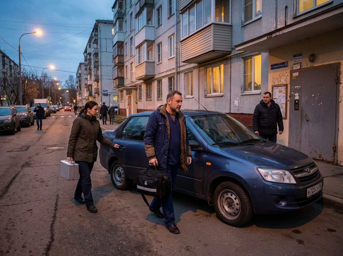 Медицинская бригада нарколога приезжает к пациенту домой, машина без символики, вечерняя городская улица Москвы, профессиональный приезд врача