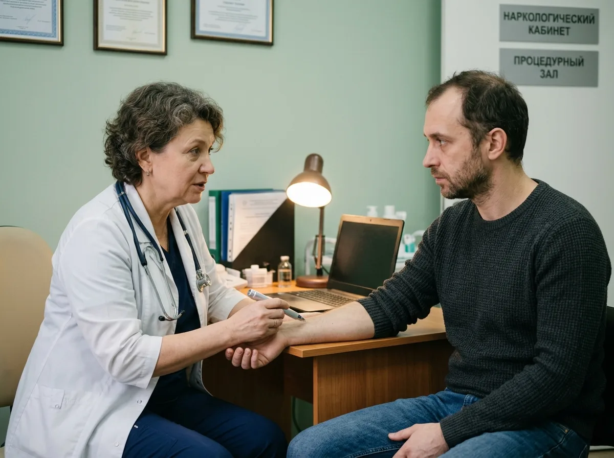 Врач-нарколог проводит процедуру кодирования пациента в медицинском кабинете, доверительная обстановка, профессиональная медицинская среда