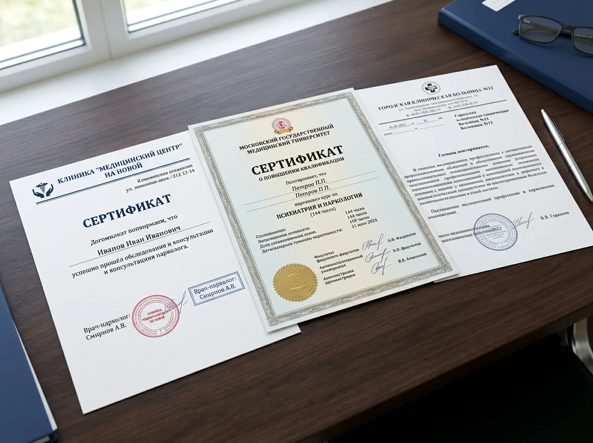 Сертификат врача-нарколога клиники, документ о повышении квалификации по специальности психиатрия-наркология, официальный бланк с печатью медицинского учреждения